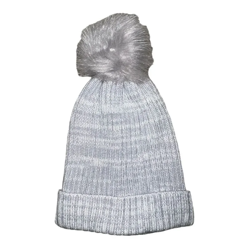 Hat Attack Gray Classic Ribbed Beanie Faux Fur Pom Women's One Size NWOT